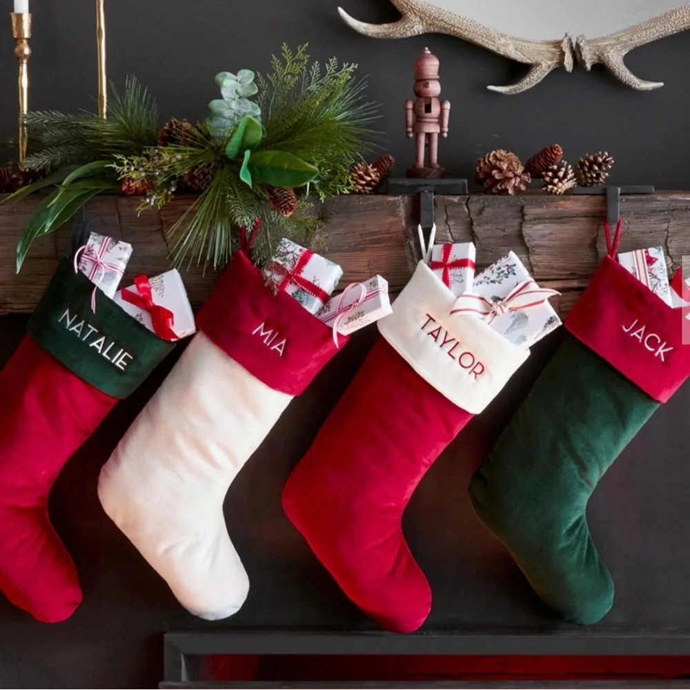 Pottery Barn Classic Velvet Christmas Stocking Red Ivory Grandma Medium